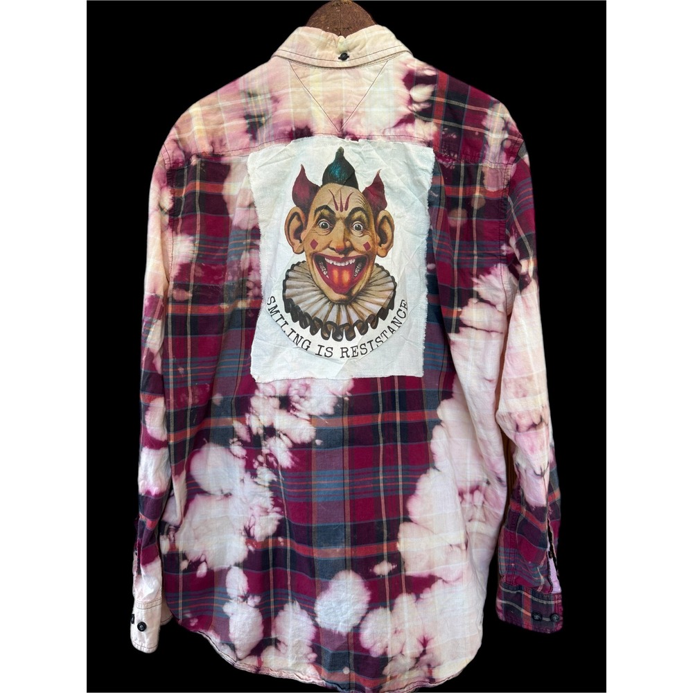 Clown Flannel Shirt Upcycled Tommy Hilfiger Bleached Plaid Large